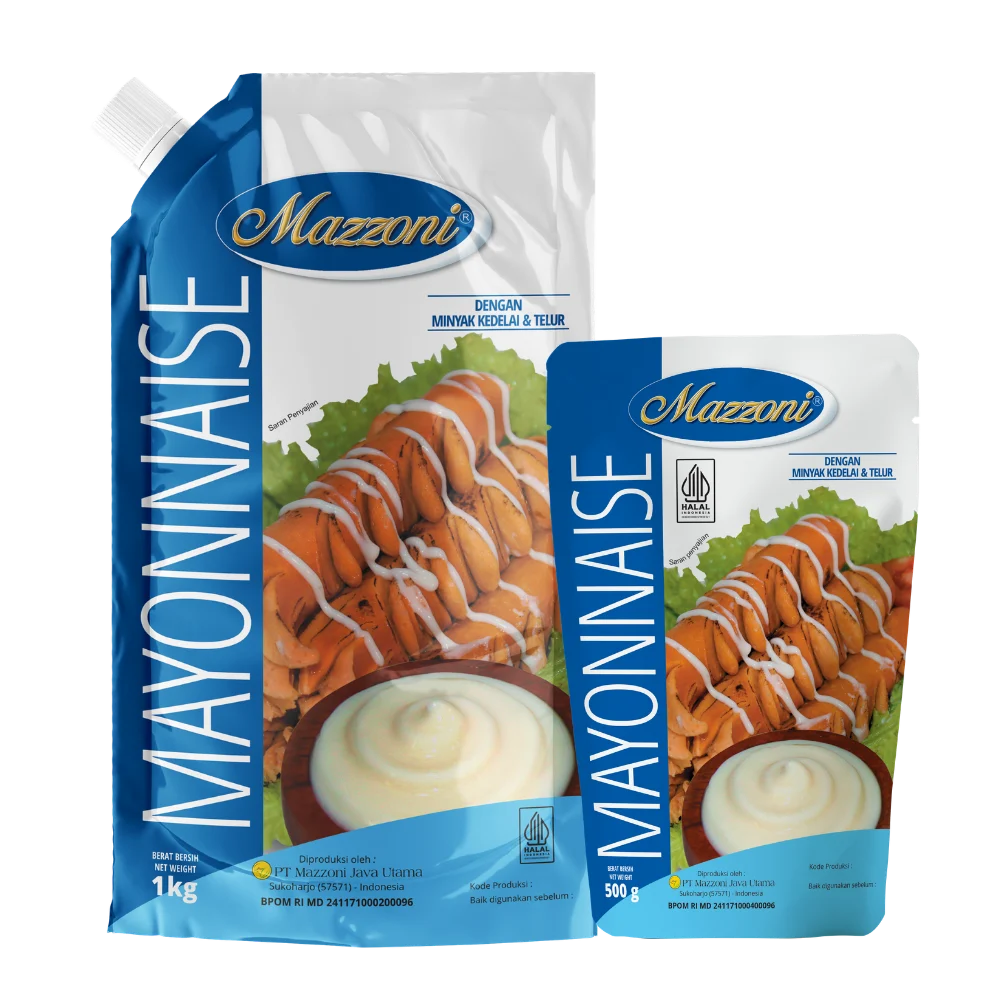 Kemasan Mazzoni Mayonnaise, pouch bertutup ulir 500 gram dan 1 kg