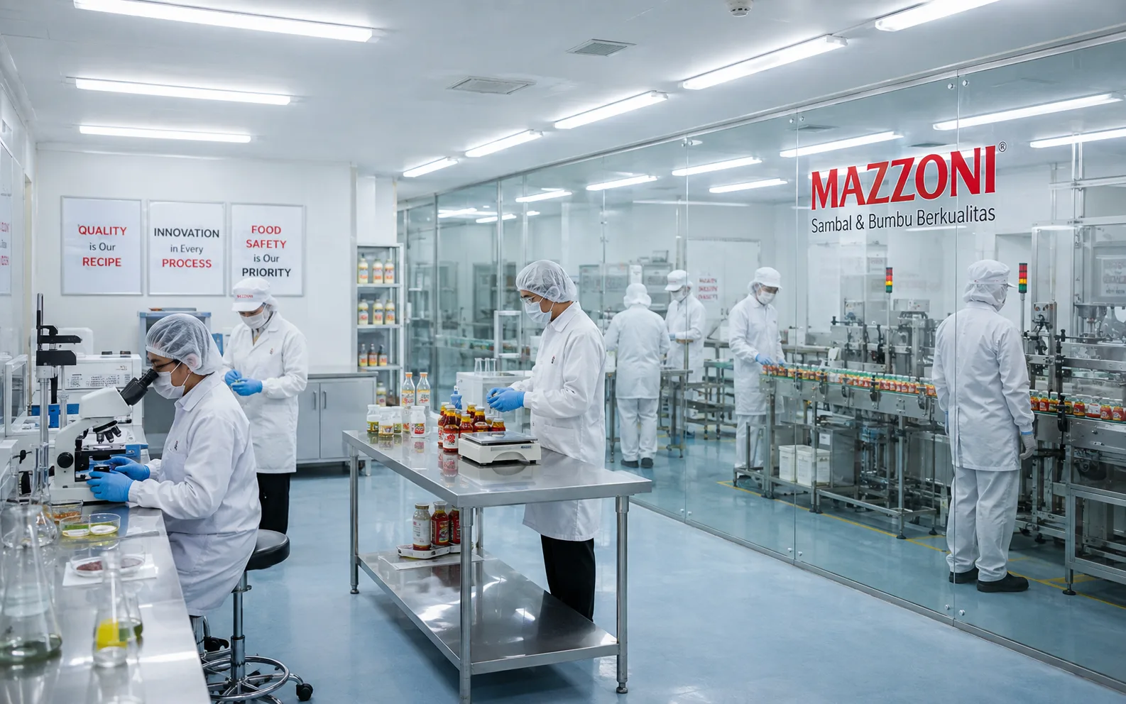 Tim QC Mazzoni memeriksa sampel di laboratorium, dengan lini pengemasan saus di baliknya