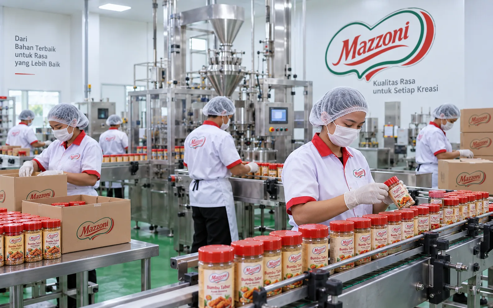 Lini pengemasan Mazzoni: botol bumbu tabur berjalan di konveyor sementara petugas memeriksa dan memasukkannya ke kardus
