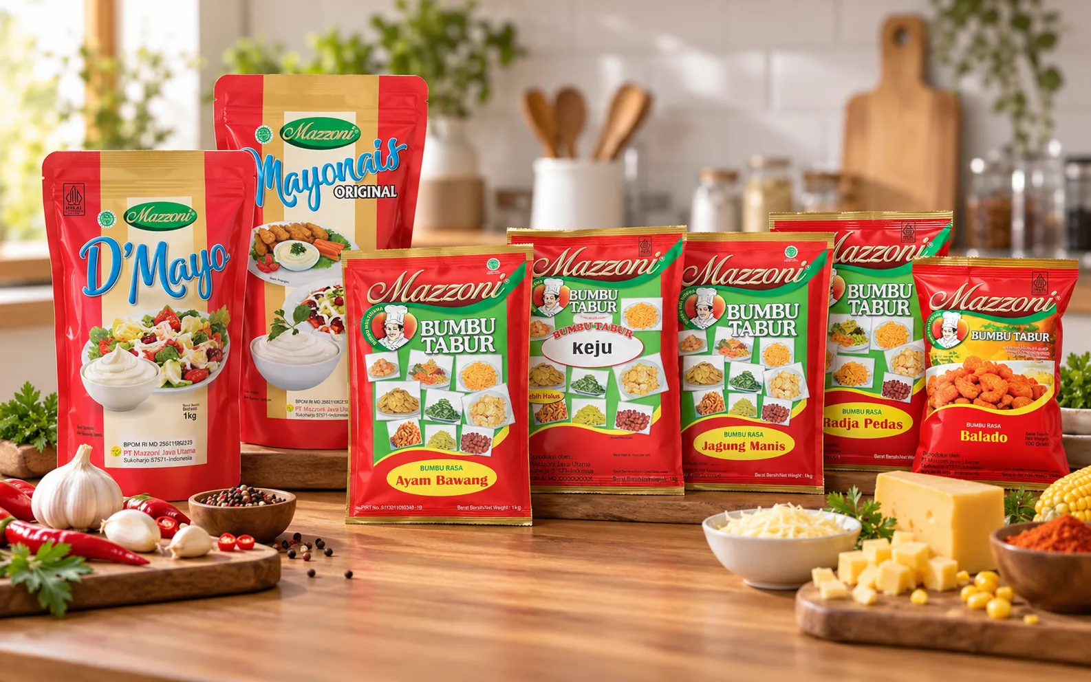 Rangkaian produk retail Mazzoni — D'Mayo, Mayonais Original, dan lima varian bumbu tabur di atas meja dapur