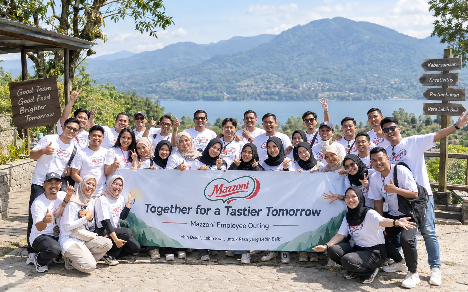 Karyawan Mazzoni berfoto bersama di acara employee outing dengan spanduk Together for a Tastier Tomorrow