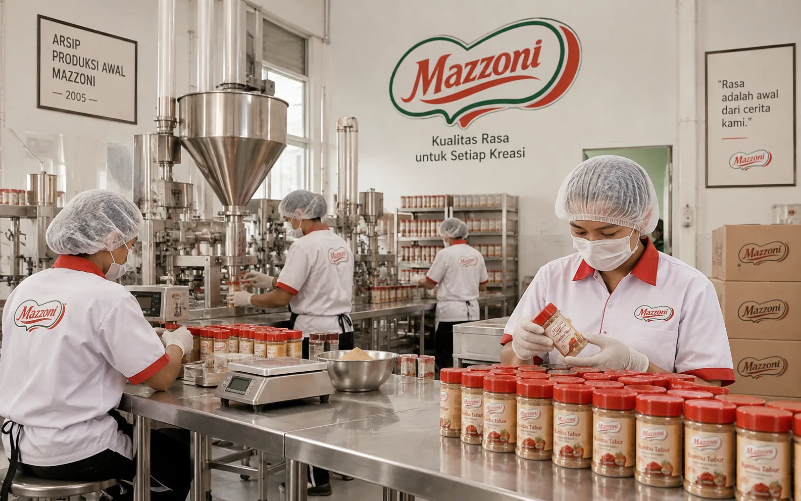 Produksi awal Mazzoni: petugas menimbang dan mengemas botol bumbu tabur, dengan papan bertulis Arsip Produksi Awal Mazzoni 2005
