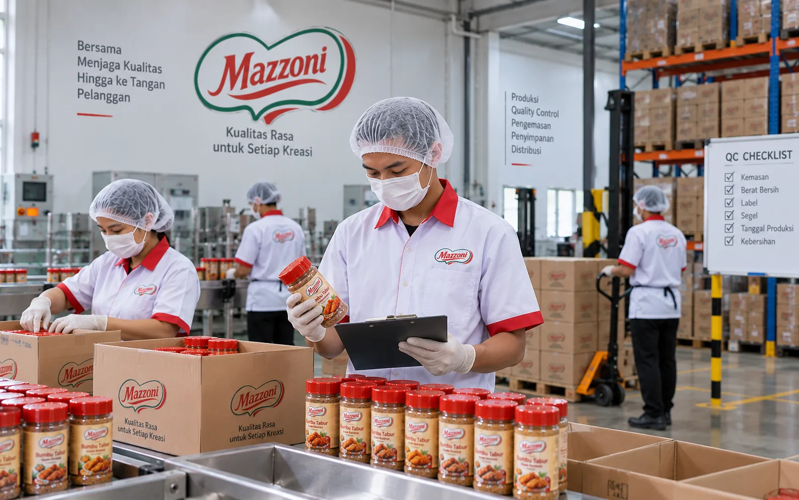 Petugas QC Mazzoni memeriksa botol bumbu tabur dengan lembar periksa, di depan lini pengemasan dan rak gudang