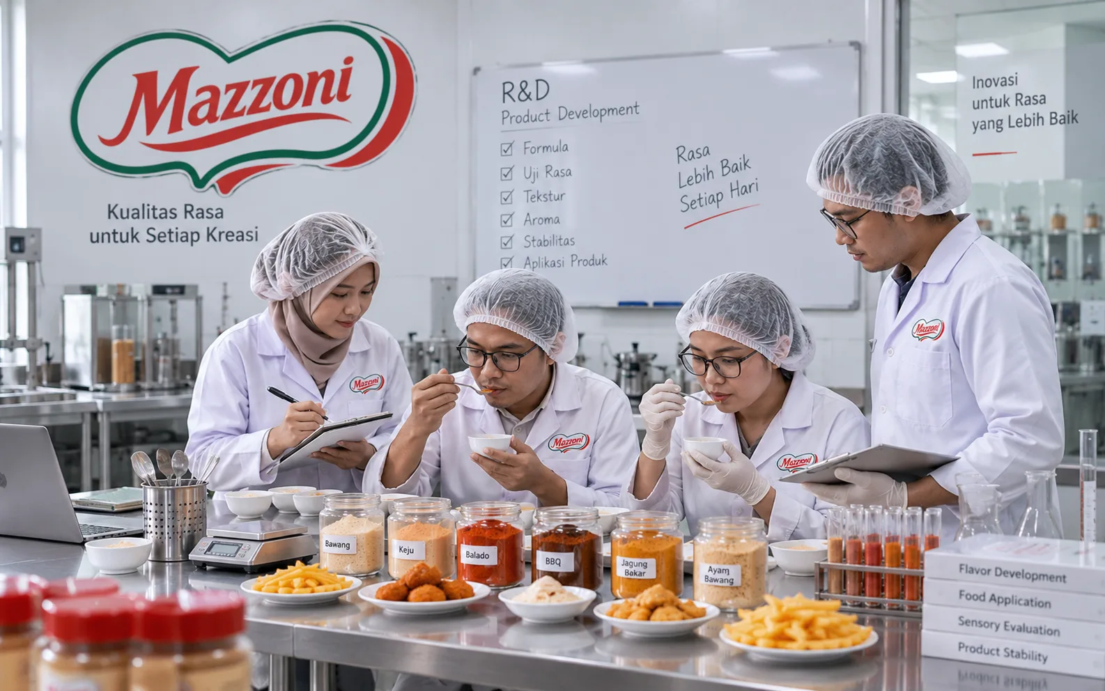 Tim R&D Mazzoni menguji rasa sampel bumbu tabur di laboratorium, dengan wadah varian Bawang, Keju, Balado, BBQ, Jagung Bakar, dan Ayam Bawang di meja