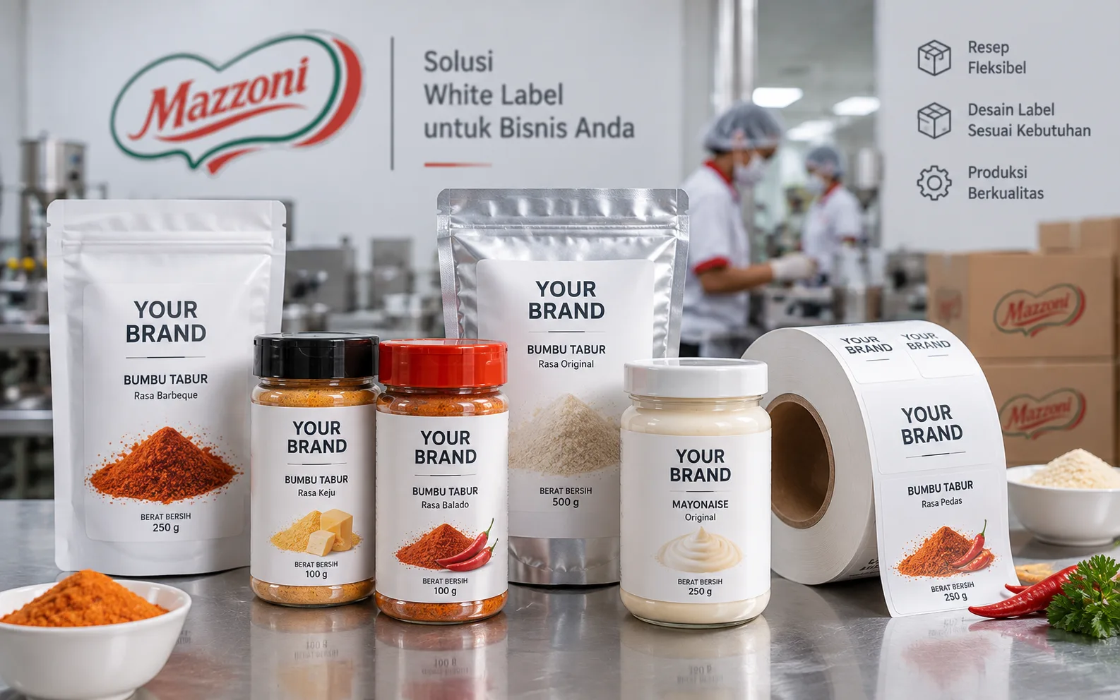 Contoh kemasan white label Mazzoni — pouch, botol, dan jar berlabel YOUR BRAND beserta rol label kosong
